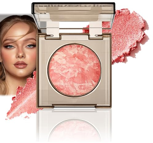 Baked Blusher Powder, Coral Shimmer, Pressed Blush Compact | Buildable cheek colour, luminous shimmer finish, for mature skin, waterproof and sweatproof, long-lasting wear