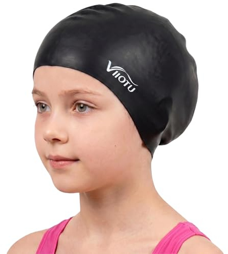 Viiotu Kids Silicone Swim Cap for 6-14 Years, High Elasticity Waterproof Swimming Cap for Boys Girls Youth, Soft Comfort Fit for Long Thick Hair Braids Plaits & Curls