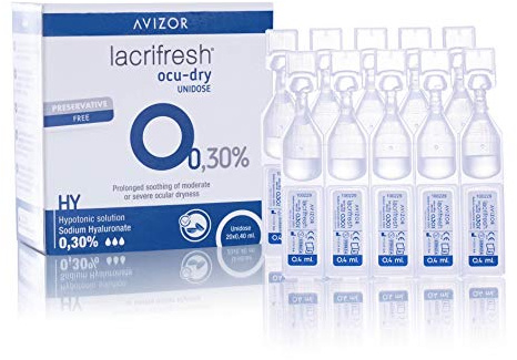 Avizor Lacrifresh Ocu-Dry 0,30%. Einzeldosis Augentropfen. 20 Ampullen 0.4 ml Augentropfen zur Linderung von Symptomen von Augenreizungen, 8 ml
