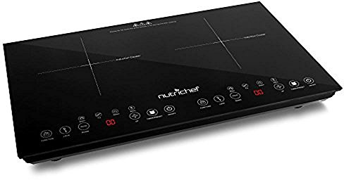 NutriChef Double Induction Cooktop - Portable 120V Digital Ceramic Dual Burner w/ Kids Safety Lock - Works with Flat Cast Iron Pan,1800 Watt,Touch Sensor Control, 12 Controls - PKSTIND48, Black