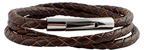 König Design läderkedja läderarmband 4 mm herr halskedja 17–100 cm flätad e rostfritt stål, colore: BRUN, cod. 4251842535854