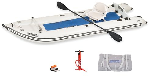 Sea Eagle 437ps PaddleSki Inflatable 1-2 Person Catamaran Boat – Paddle, Motor, Fish, or Sail – 4-in-1 Inflatable Watercraft – Self Bailing (437ps PaddleSki Solo Start Up Package)