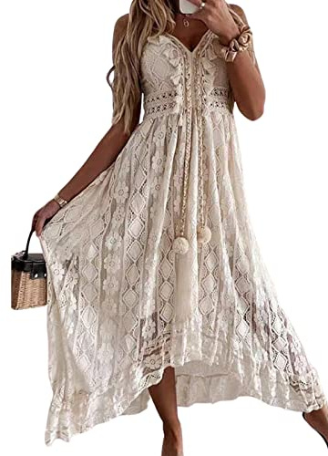 CUPSHE Robe d'été pour Femme Boho Maxi à Lacets avec Pompon col en V évasé à Volants Robes de Plage Beige XL