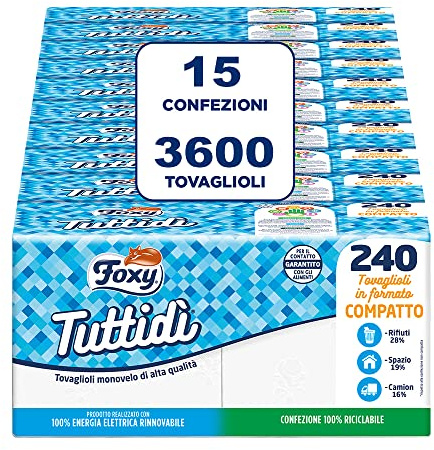Foxy Tuttidì| Tovaglioli Monovelo Alta Grammatura Bianco Naturale | 15 confezioni da 240 pezzi 31,5x30 cm | Certificazione PEFC | Confezione Riciclabile