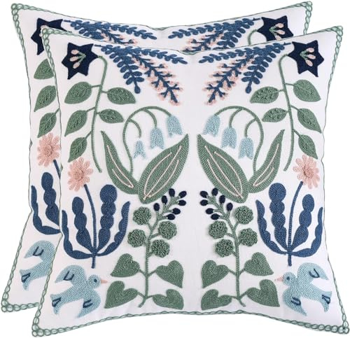 Tosleo Housse de Coussin Brodées 40x40cm Taie d'oreiller en Coton Floral Lot de 2 Fleurs Feuilles Blues de Ferme Deco pour Canapé Chambre Salon et Voiture
