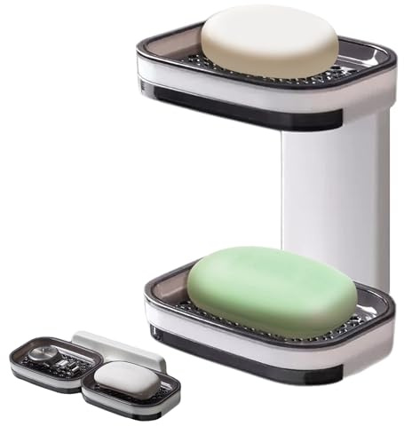 Double Layer Soap Dish Soap Holder with Drainage for Bathroom, Wall Mounted, Drill Free Removable Plastic Soap Tray, Self Adhesive Soap Dish Holder for Shower, Kitchen Sink (2)