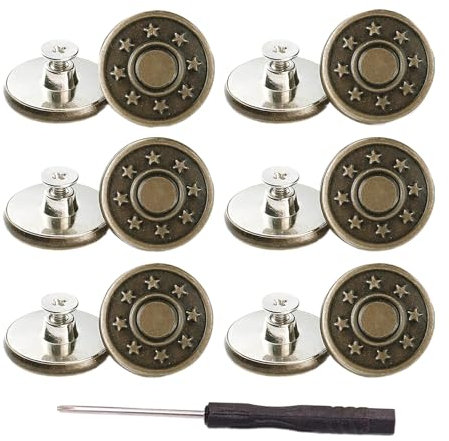 12 Sets Adjustable Buttons for Jeans, 17mm No Sew Instant Metal Buttons, Removable Jean Button Replacement Repair Kit with Threads Rivets and Screwdriver