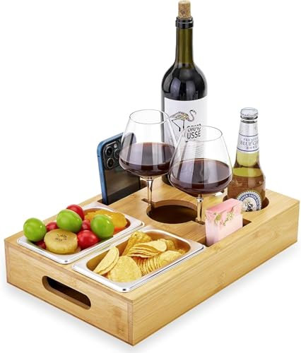 Puosike Couchbar Snackbox, Sofa Tablett Bambus mit 3X Snackschalen, 2X Aluminiumbecher, Abnehmbarer magnetischer Deckel, Sofa Snackbar Organizer, Couch Butler
