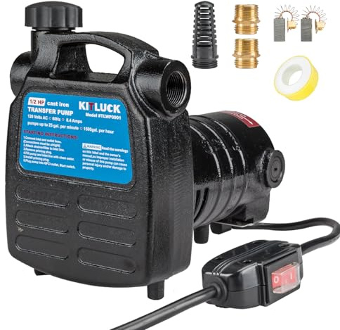 Water Transfer Pump, KITLUCK 120V 1/2 HP 1500GPH Cast Iron Portable Electric Utility Water Pump, Heavy Duty High Pressure Transfer Pump with ON/OFF Switch, Suction Strainer and Brass Connectors
