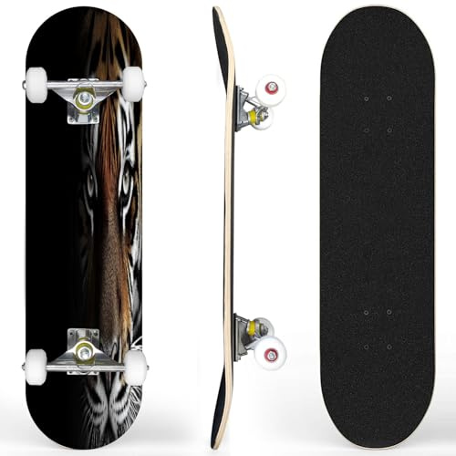 Skateboards for Beginners Portrait Tiger Black Complete Skateboard 7-Layer Maple Wood Double Kick Deck Concave for Tricks Kids Adults Teens 31x8