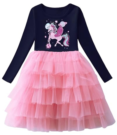Baogaier Flickklänningar bomull barn A-linje långärmad t-shirt barnklänning rund hals festlig avslappnad elegant fritidsklänning fest prinsessklänning, barnkläder 3–8 år, storlek 98–128