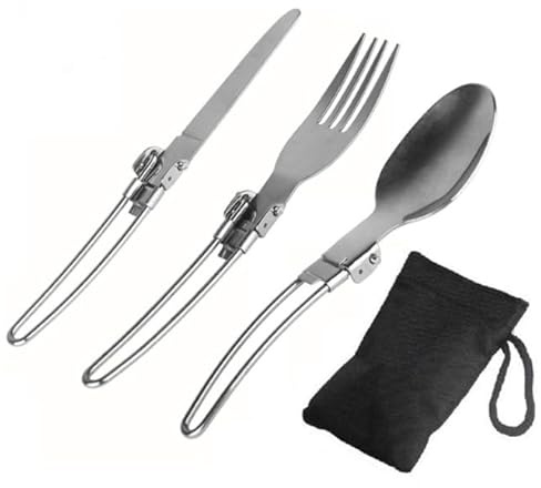 3teiliges Set Camping Besteck aus Edelstahl – Faltbar mit Verriegelungsgriff | Löffel, Gabel, Messer – Ideal für Outdoor, Wandern, Reisen, Picknick (Modell OG2292)