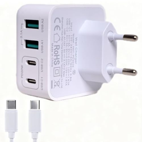 USB C Plug | Multi Port USB C Charger with 1m Fast USB C Cable | 2×USB-C & 2×USB-A | UK Portable Phone Charger For iPhone 17/16/15/14/13/12/X/XS Pro Max, iPad, AirPods, Samsung Galaxy, Google Pixel