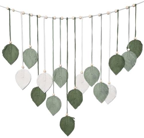 JUUDDENPARTS Macrame Wall Hanging with Large Leaves Tapestry, Green Boho Chic Wall Decor, Handmade Cotton Art for Bedroom, Living Room, 30 x 47.2 Inches