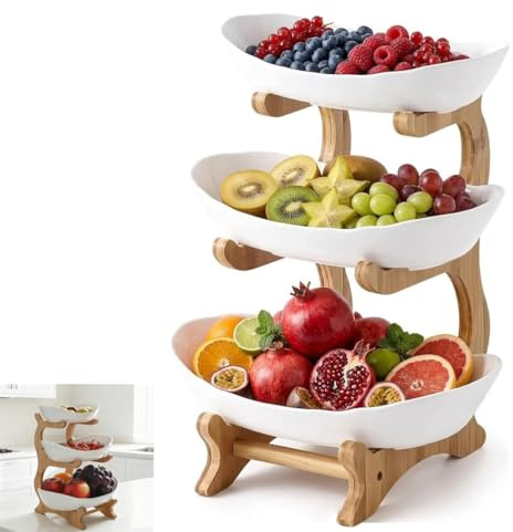 Zbozzba Alzata per frutta con 3 ripiani, con supporto in legno, per verdure, frutta, snack (PP)