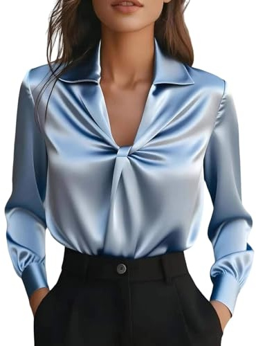 Camicetta da Donna Elegante Maglietta Seta a Maniche Lunghe Camicetta in Raso Sciolto Blusa in Chiffon Ufficio con Scollo a V Moda Camicia Business Casual Basic Shirts da Lavoro Ampia Button Down