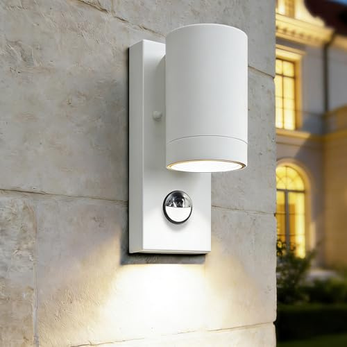 EBION PIR Outdoor Wall Lights with Motion Sensor,Mains Powered,GU10,White | Aluminium Outside Wall Downlight,Exterior Garden Wall Lamp for Front Door,Porch,Patio,1 Pack(Bulb Not Included)