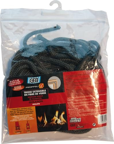 GEB Propfeu - Trenza Redonda Extensible de Fibra de Vidrio para Sellado refractario de Las Ventanas de Inserto de Chimenea, diámetro de 8 a 7 mm, Bolsa de 5 m de Largo