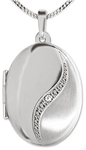 CLEVER SCHMUCK Uppsättning silver damer hänge medaljong oval 21 mm matt och glänsande, böjd båge med en zirkoniumsten och kedja pansar 55 cm sterlingsilver 925