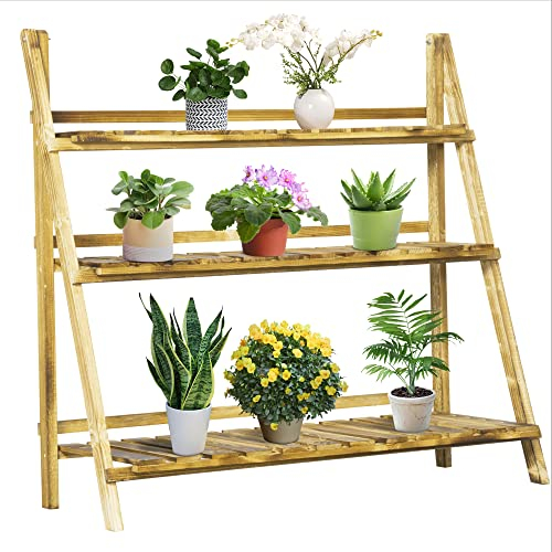 Outsunny Wooden Folding Flower Pot Stand 3 Tier Garden Planter Display Ladder Gardener Storage Shelves Rack Herb Holder (100L x 37W x 93H cm)