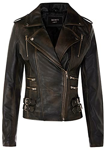 Infinity Leather Retro bikerjacka i 100 % läder damer, Svart skrubb, XS
