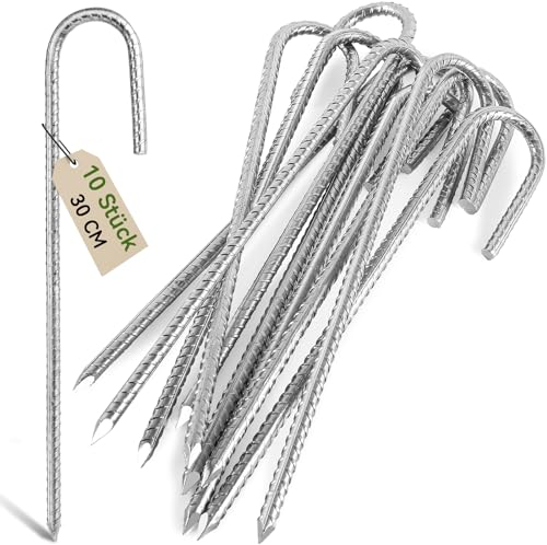 Graxury 12inch Heavy Duty Trampoline Tents Anchor Ground Pegs - Galvanized Steel Rust-Proof J Hook Rebar Stakes Fit Trampolines Camp Garden Shed Swings with Chisel Point End (10 PCS)