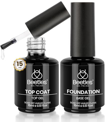Beetles Gel Polish Base Gel Top Coat Set, 2Pcs 15ML Clear Base and No Wipe Top Coat Soak Off UV LED Glossy Shine Finish Long Lasting DIY Nail Salon Manicure Gift for Women