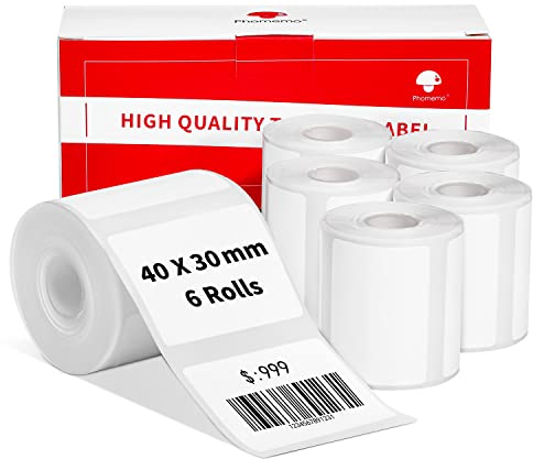 6 Rollen Phomemo M120/M110 Etiketten, 1.57x 1.18 (40 x 30 mm) Thermoetikettenpapier für Phomemo M120/M110/M200/M220 Etikettendrucker, Thermoetikett, Weißes Thermopapier, 100 Etiketten/Rolle