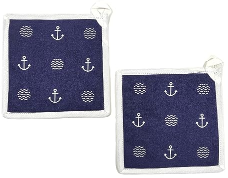 BUSDUGA 4353 2er Set Topflappen im maritimen Stil, 20x20cm, blau-weiß gestreift, wählbar zwischen Zwei Varianten (BLAU)