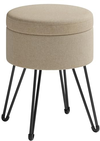 SONGMICS Sgabello Pouf Contenitore, Cassapanca Rotonda, Sgabello Toeletta, 39 x 44,1 cm (Diam. x A), Gambe in Metallo, Sedile Imbottito, Soggiorno Camera da Letto, Marrone Cammello LOM002K01