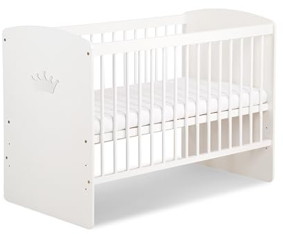 KMbaby K2-KOR Lit bébé 120 x 60 cm avec matelas blanc avec couronne blanche et naturel Lit pour bébé à barreaux avec sommier à lattes 3 niveaux réglable en hauteur – Pin laqué