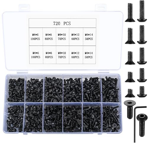720 Stk M4 Innensechskant Schrauben Set, Senkkopfschrauben, Flachkopfschrauben für 3D-Drucker, metrische Maschine - Schwarz, 6 mm/8 mm/10 mm/12 mm/14 mm