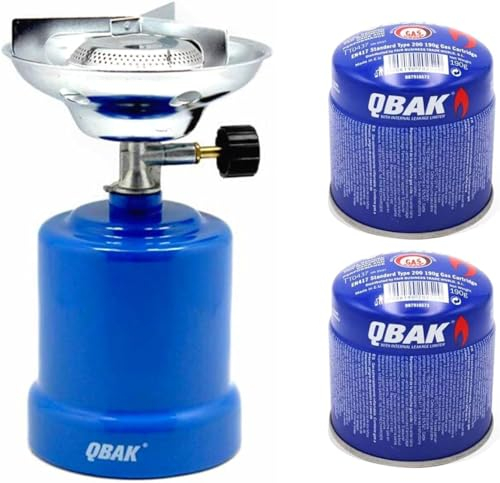 DISPAU QBAK- Hornillo Camping Gas Cocina Portátil + Bombonas 190g para Acampada, Campo, Playa, Montaña, Quemador con Regulador de Gas Butano (‎Camping Gas + 2 Bombonas)