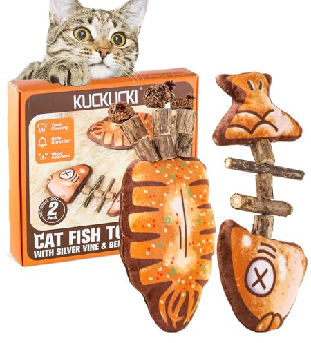 KUCKUCKI 2 Piezas Juguetes Pez para Gatos, Palitos De Hierba Gatera, Juguete Interactivo Masticar Palos Gato