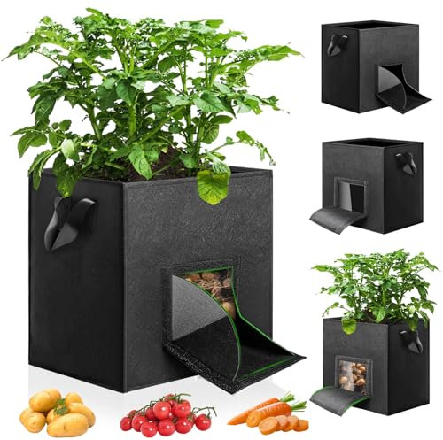 YedZen 46L 4Stück Kartoffel Pflanzsack, Kartoffelsack mit Griff und Sichtfenster Pflanztasche, Atmungsaktive Pflanzsäcke aus Vliesstoff für Kartoffeln, Tomaten, Gemüse, Blumen