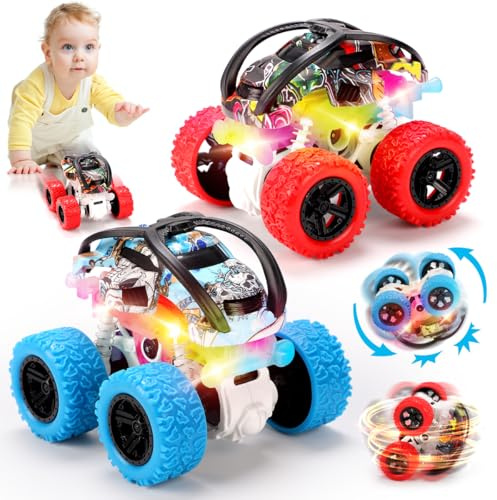 REMOKING 2 Pack Push & Go Monster Trucks for Kids Age 3–6, 360° Rotating Friction Powered Toy Cars with LED Lights, No Battery Required, Indoor & Outdoor Toys for Boys and Girls