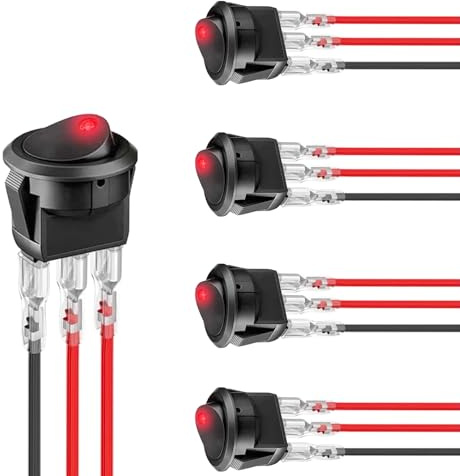 Powice 5X Mitte Glühen Kippschalter mit Verkabelung 12V/10A,Runder Selbstsichernder 3 Poliger Schalter mit Rotem Licht 12V,Schalter12V/230V Geeignet für den Einbau in Häusern und Elektrischen Geräten