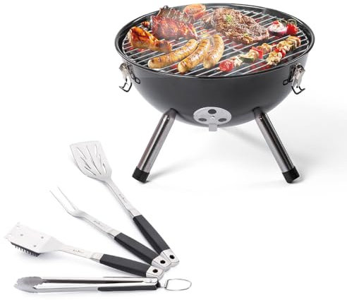 Rosmarino Lot de 5 barbecues sphériques au charbon de bois portables de Blacksmith - Grille chromée émaillée de 36 cm - Avec 4 ustensiles de barbecue - Idéal pour cuisiner en plein air