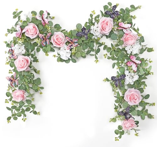 ASTNIC 2 Stück Künstliche Blumengirlande Eukalyptus Girlande, 1,8m Hängend Grün Blätter Eukalyptus Deko mit 3D Schmetterlinge Rosen Blumen für Hochzeitsdeko, Tischdeko, Weihnachten Dekoration