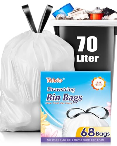 Teivio 70 Litre Strong Tall Kitchen Bin Liners with Tie Tap, 68 Counts 20 Gallon Large Drawstring Bin Bags, Refuse Sacks Fit 50-70L Rubbish Can for Home Kitchen Garden Office, White