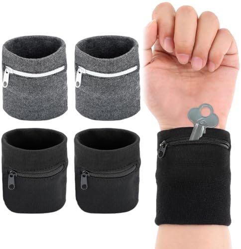Carteras con correa de muñeca, 4 Piezas, Muñequera Deportiva con Cremallera, bandas de sudor, cartera de bolsillo, Accesorios de Entrenamiento para Monedas, Llaves, Billetera, para correr, baloncesto