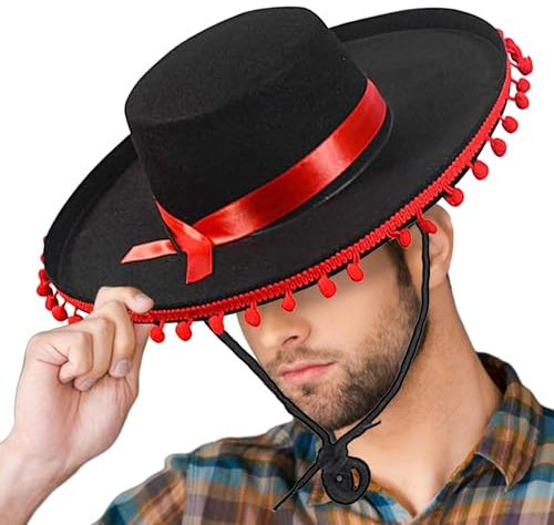 Flamenco Sombrero - Chapeau de costume espagnol classique, couvre-chefs de fête à bord large, accessoire culturel traditionnel avec détail décoratif | Chapeau de tenue de cosplay pour adultes hommes f