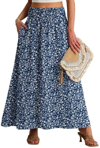QIXING Gonna estiva da donna, lunga, linea svasata, a vita alta, con tasche, boho, maxi gonna, XL