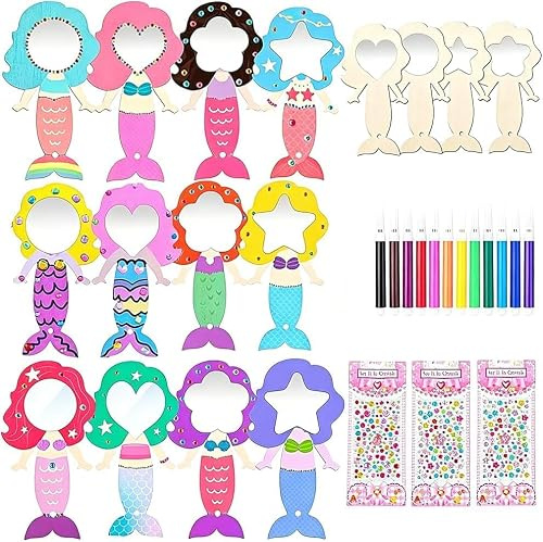 SquishyWorld 12 Pcs Miroir Sirène en Bois à Peindre, Kit Bricolage avec 4 Formes, 12 Crayons Aquarelle et 3 Strass, Activité Manuelle Fille 5 6 7 Ans, Cadeau Anniversaire Fille 9 Ans, Jeux Fille