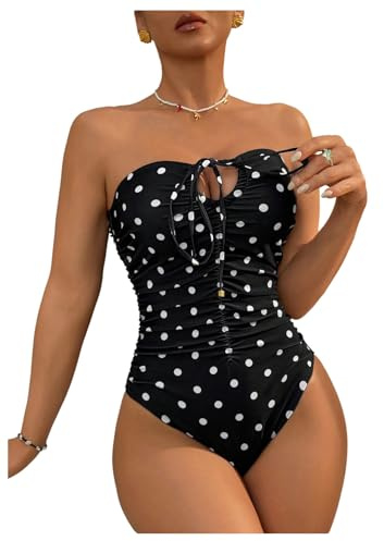 GORGLITTER Swimming Costume Women Polka Dots Bandeau One Piece Swimsuit Cutout Tummy Control Beach Holiday Sexy Swimwear Black Polka Dots M