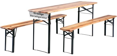 Stagecaptain Hirschgarten Bierzeltgarnitur 5X Set 177 cm Länge - Klappbare Festzeltgarnitur 5X Tisch & 10 X Bank - Sitzgarnitur Aus Holz - Einfacher Transport - Geeignet Für Innen Und Außen - Natur