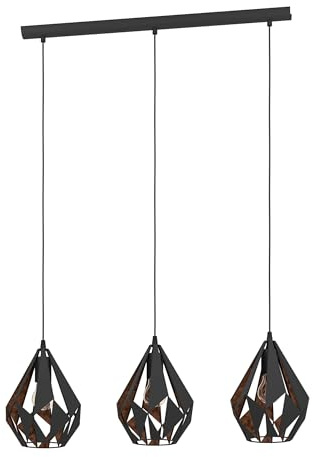 EGLO Pendellampe Carlton 1, 3 flammige Vintage Pendelleuchte, Retro Hängelampe aus Metall in Schwarz und Kupfer, E27 Fassung