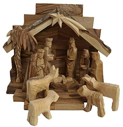 Set di presepe in miniatura in legno di ulivo di Betlemme intagliato a mano con stabile 12 pezzi da Lion of Judah Market (stalla 11,4 cm e 7 cm figurine)