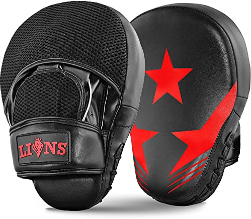 Lions Curved Focus Pads Hook & Jabs Gloves Punch Bag Mitts Boxing MMA Kick Training (Max Star Red)