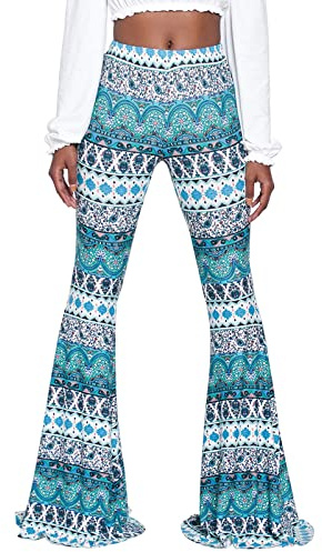 Nuofengkudu Dam vintage tryckta långa utsvängda byxor hög midja stretchiga vida ben yogabyxor, Turkos, XL extra lång